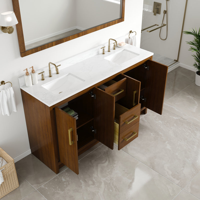 Ensemble de meuble-lavabo double 60 po en noyer avec dessus en pierre d'ingénierie Arabescato et lavabos sous-comptoir en porcelaine Belfield