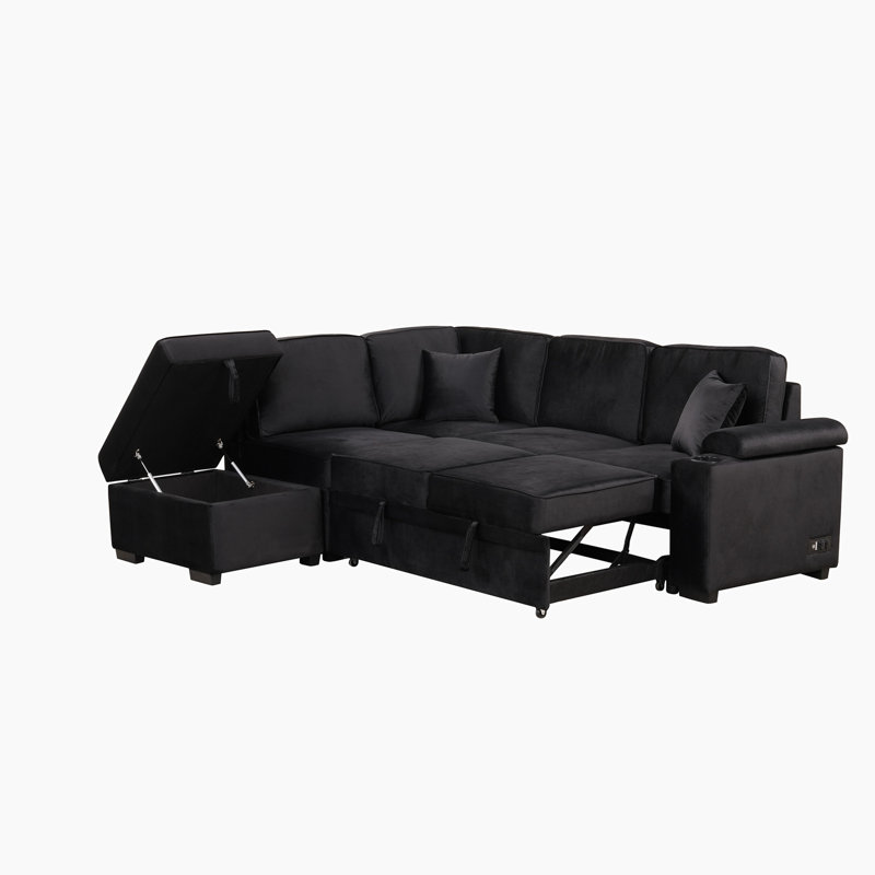 Canapé-lit 84,75 po avec repose-pieds de rangement pour le salon, Velours noir, Orienté à droite