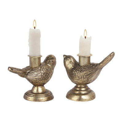 Taper Candle Holders Set Of 2, Gold Birds Decor, Vintage Candlesticks Pedestal, Centerpieces Decorations For Fireplace Mantle Dining Table