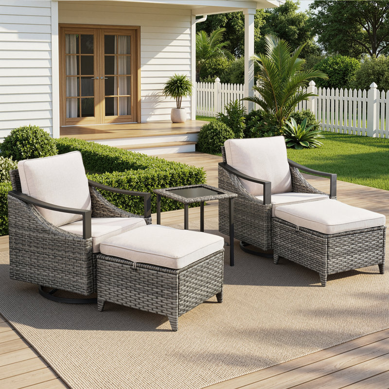 Ensemble de canapé d'extérieur en rotin 5 pièces avec repose-pieds et chaises pivotantes, Beige