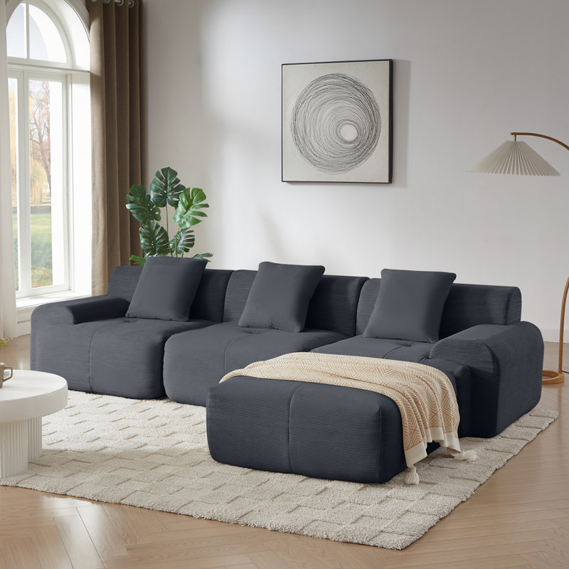 Canapé modulaire en forme de L de 113 po, revêtement en velours côtelé, assise profonde et repose-pieds mobile, 113 po