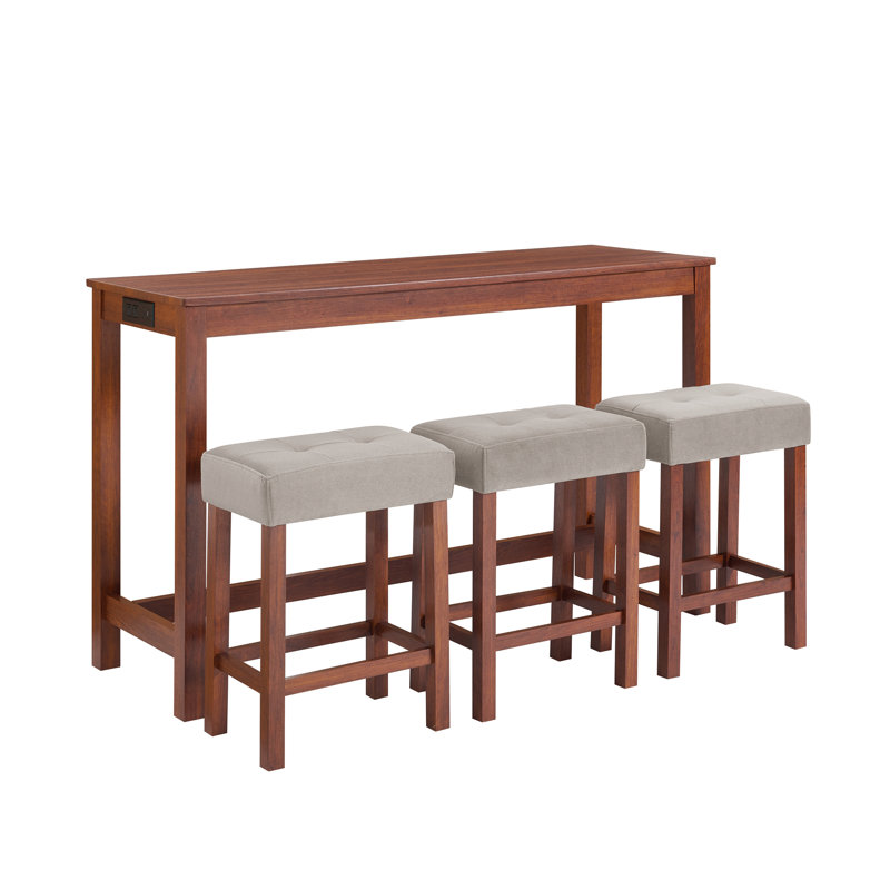 59" 4-Piece Bar Table Set with Power Outlet, 3 Upholstered Stools, Solid Wood Legs, Industrial Dining Table for Kitchen and Living Room