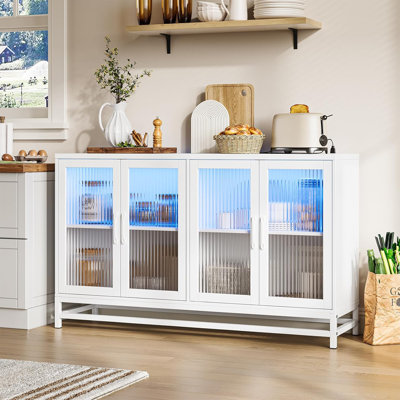 Sideboard Buffet Cabinet With Storage & Led Lights, 55" Large Wood Cabinet With 4 Fluted Glass Doors by Yuan Home