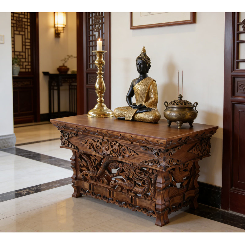 Table d'autel en bois d'orme indien sculpté à la main | Sanctuaire de plancher pliable pour la décoration intérieure, Puja et espace sacré