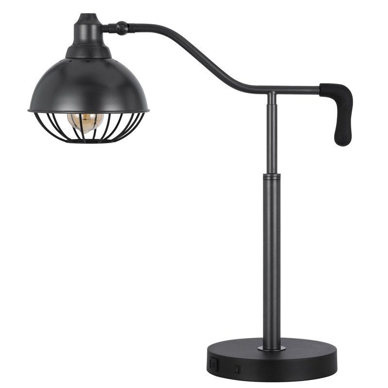 Lampe de bureau Taloga en métal - 68,5 cm (27 po) de hauteur, en fer noir avec abat-jour grillagé réglable, 60 W, culot E26, 1 port de charge USB et 1 port USB-C, base lestée. Ampoule non incluse.