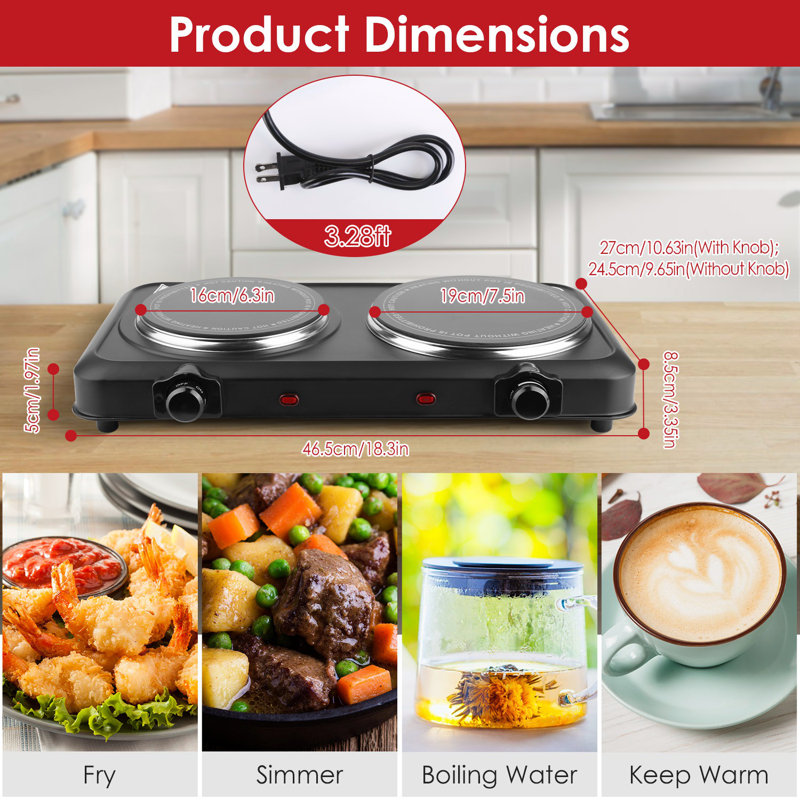 Black 1800W Portable Infrared Electric Dual Burner - Countertop Double Hot Plate with 7.5" & 6.3" Glass Cooktops and Stepless Temperature Control