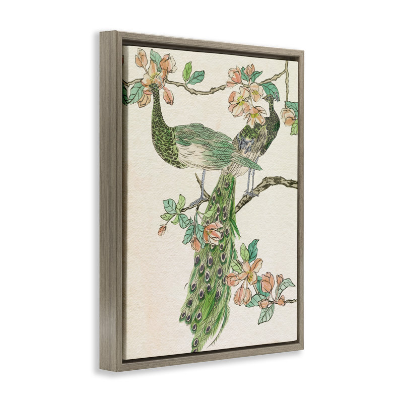 "Peacock & Cherry Blossoms", art mural encadré par Melissa Wang, Cadre flottant orme Montalcino, H 31 po x l 25 po