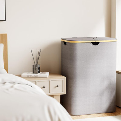 Double panier à linge 2 sections avec couvercle et sacs à linge amovibles, panier à linge de 160 L avec poignées en bambou, grand panier pliable pour chambre à coucher, salle de bain, dortoir, buanderie - gris