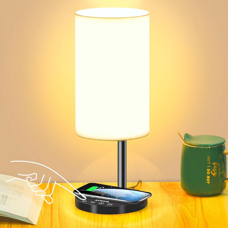 Lampe de chevet pour chambre à coucher Ebern Designs avec chargeur sans fil rapide 10 W, port USB, 5 modes d'éclairage, 5 luminosité et minuterie automatique 40/60 minutes (ampoule à DEL incluse)