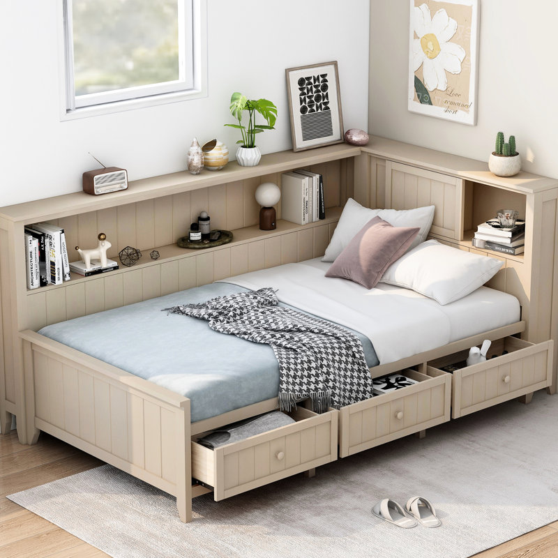 Lit de jour simple en bois avec espace de rangement, 3 tiroirs, blanc antique, solide, sans sommier blanc, bois massif, nécessaire