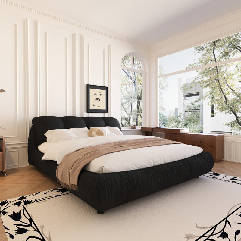 Grand lit plateforme luxueux, tapissier en noir, tête de lit surdimensionnée, convenant à différents styles de matelas Structure en bois massif à coussin souple, choix multiples