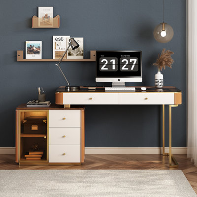 Bureau d'ordinateur pivotant de haute qualité, finition similicuir grainé, bureau pour bureau à domicile, bureau de direction en L, prise électrique, plateau en verre, montage très facile
