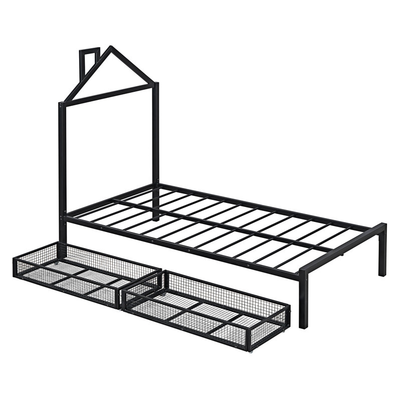 Full Size Metal Platform Bed with Two Drawers, Twin, Black