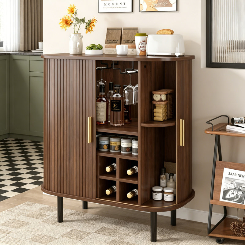 Fluted Wine Bar Cabinet With 8-Grid Wine Rack, 5-Level Adjustable Shelves, 2 Glass Holders, And Hidden Storage, Modern Liquor Coffee Station