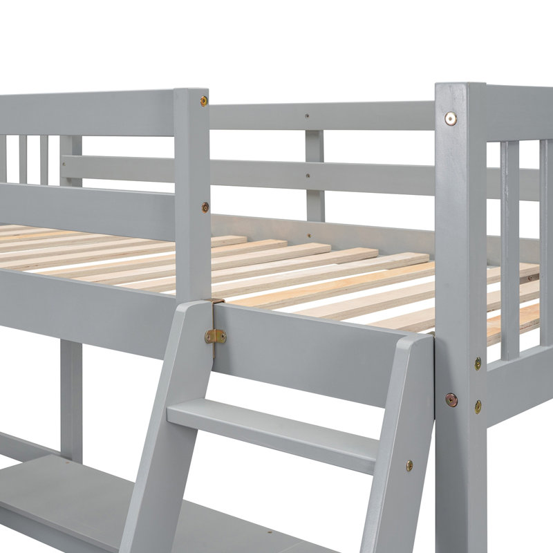 Lit mezzanine simple en bois en forme de L avec échelle et 2 bureaux intégrés en forme de L, gris