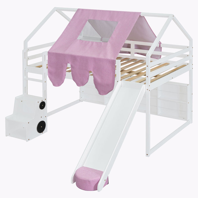 Lit de rangement en bois, Double, Blanc / rose