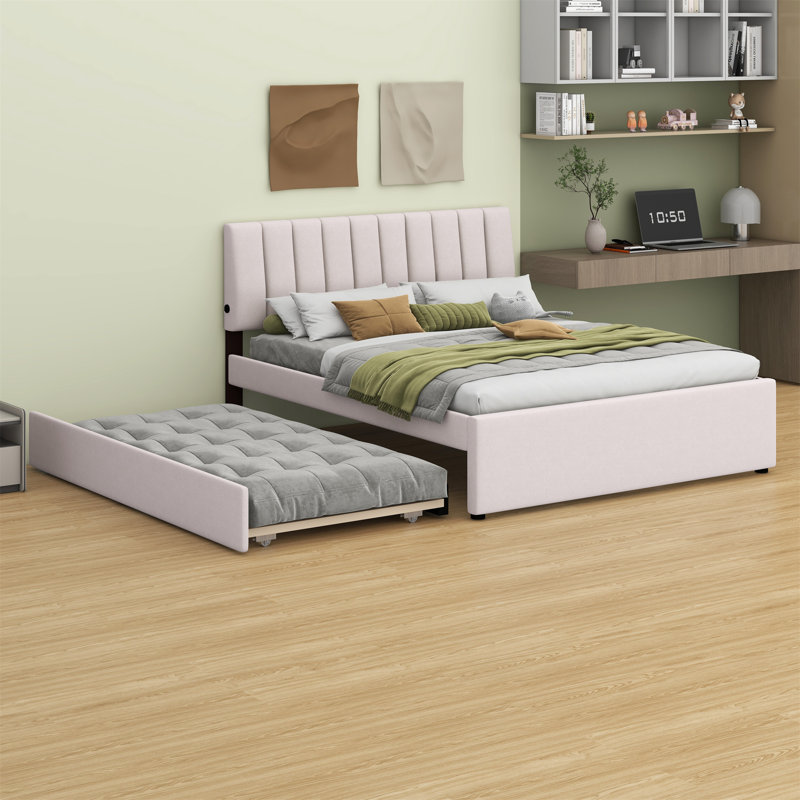 Lit plateforme tapissier avec lit gigogne, Beige