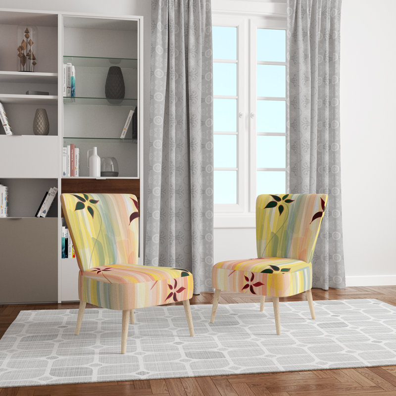 Chaise d'appoint rembourrée à motif floral rayé jaune et rose