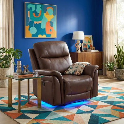 Misty Reddish  Brown  Vegan Leather  Reclining  Chair With Cup-Holders And LED Lights