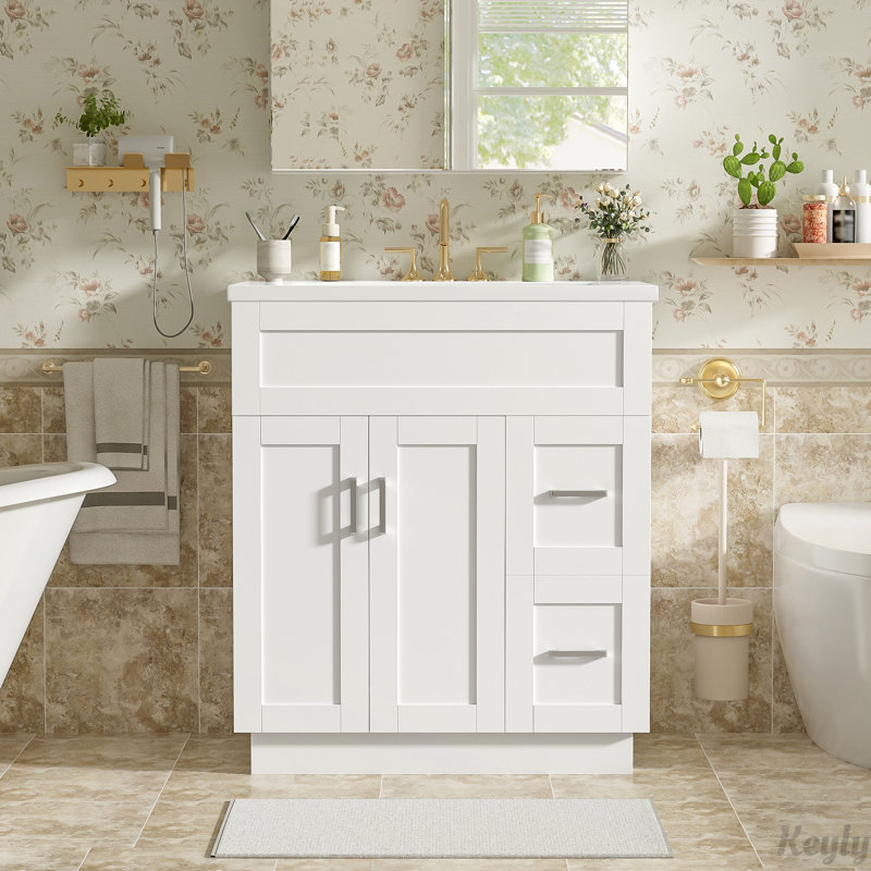 Meuble-lavabo de 30 pouces avec 2 portes, 2 tiroirs, tablette réglable, glissières cachées pour les tiroirs et charnières pour portes