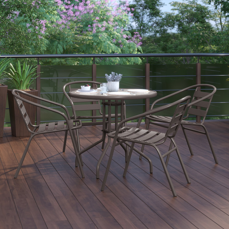 Amlie 31.5" Round Glass Metal Table with 4 Metal Aluminum Slat Stack Chairs, Bronze