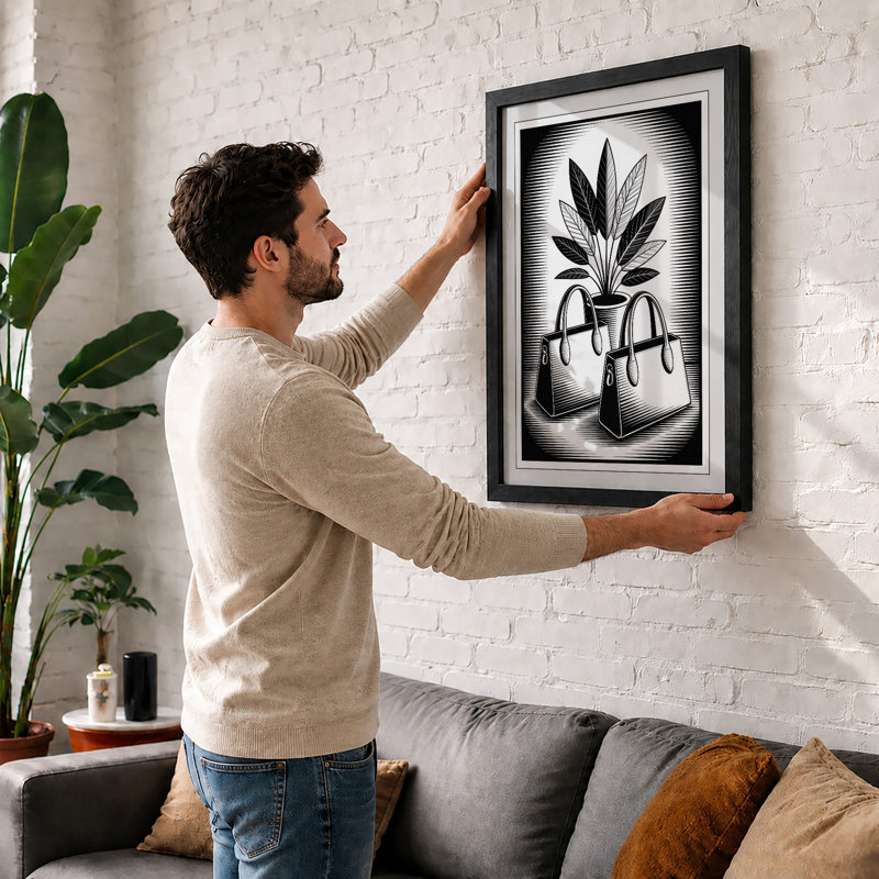 Plant Between Bags Surrealism - Framed Print, A2 - 59.4 x 42.0 cm, Black