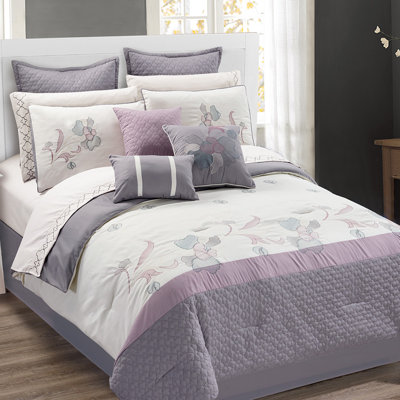 Ensemble d'édredon en microfibre moderne et contemporain blanc/mauve de 7 pièces Kassia