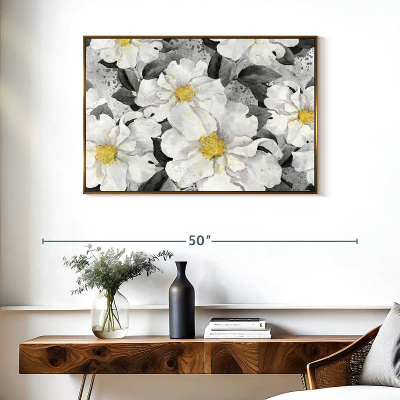 Fleurs blanches gonflées, Cadre flottant doré, 37 po x 25 po