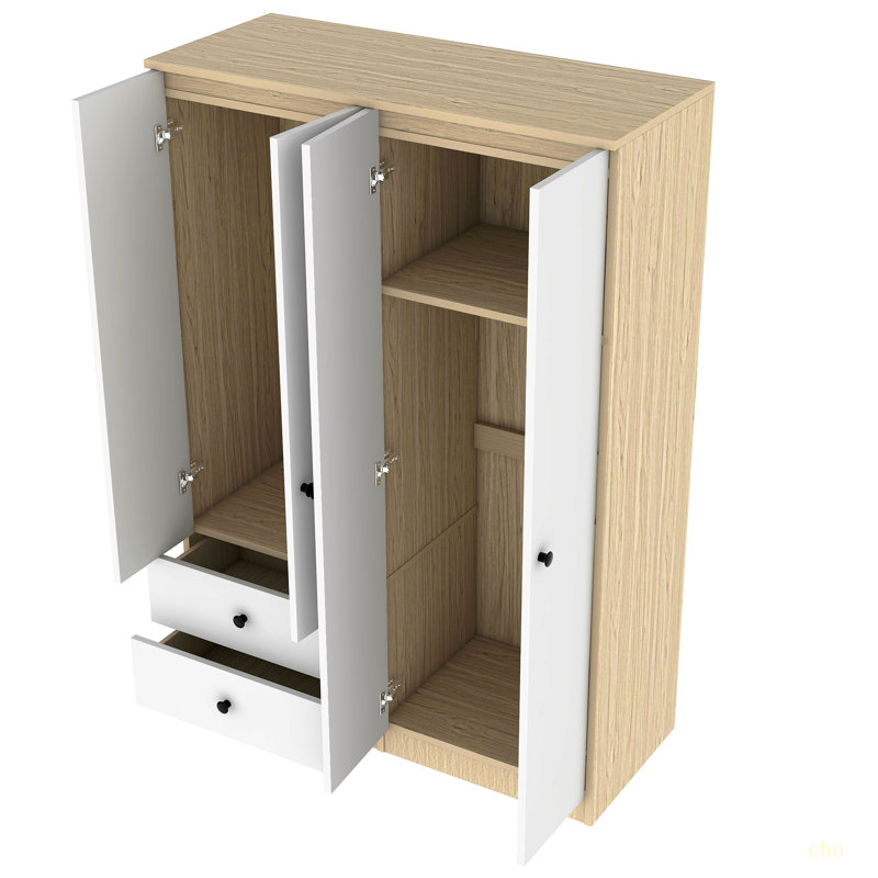 Garde-robe 4 portes avec tiroirs, tablette et tringle, blanc