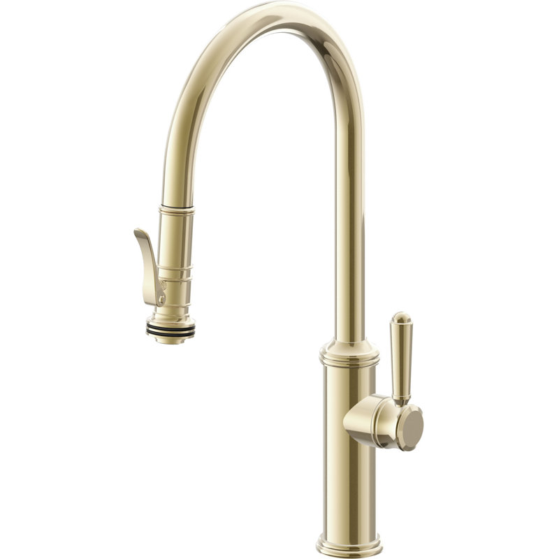 Davoli Pull-Down Kitchen Faucet with Squeeze Sprayer - High Arc Spout, Polished Brass, Modern Lever