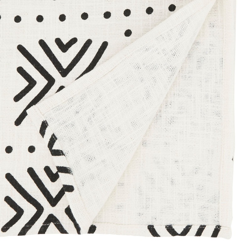 White Cotton Table Runner with Mudcloth Design