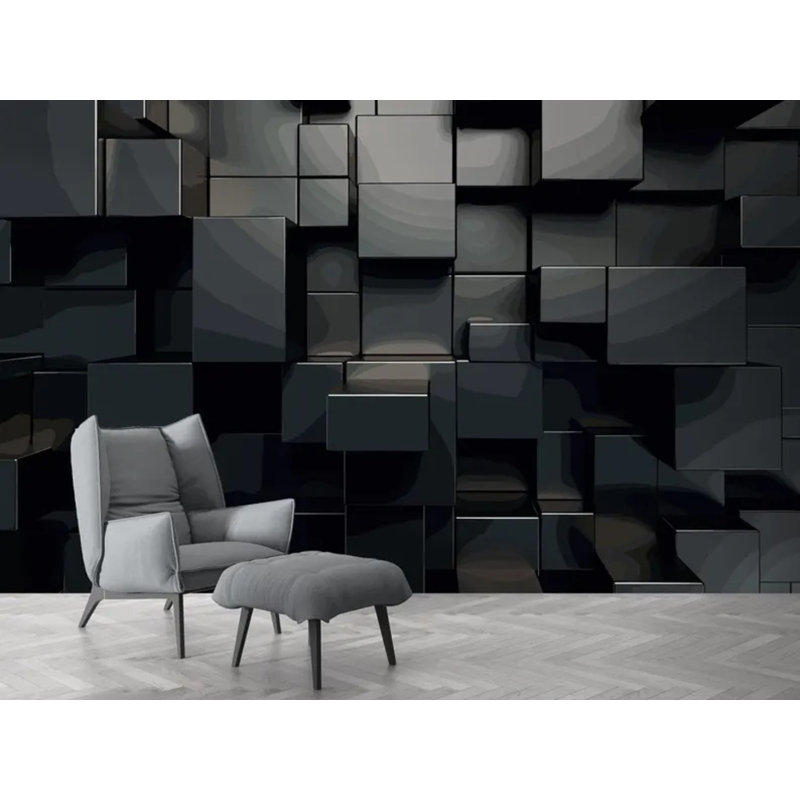3D Dark Cube Block Wall Mural – Modern Charcoal Grey Stacked Mosaic Panel Composition, 108" L x 192" W