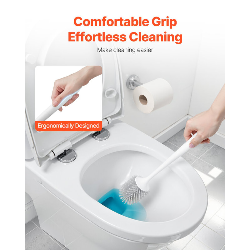 Ensemble de brosse et support de toilette, brosse de toilette et support avec poignée en PP confortable, autolaveuse compacte, nettoyage en profondeur et anti-goutte, pour salle de bain, véhicule récréatif et toilettes (blanc et gris)