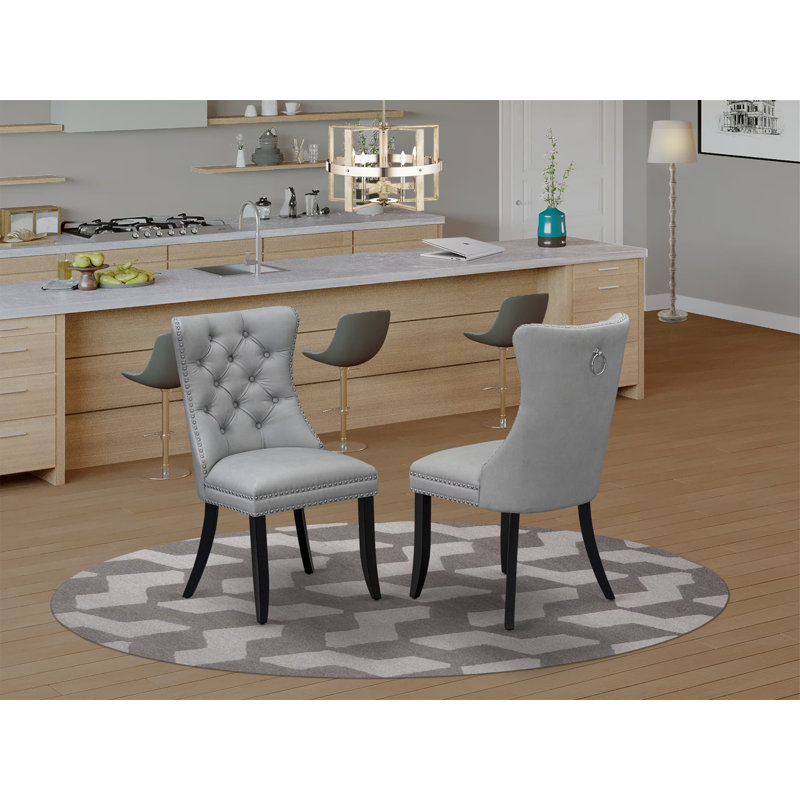 Dallas Parson Dining Room Chairs - Button Tufted Nailhead Light Gray Polyester Fabric Padded Chairs, Set of 2, Wirebrushed Black