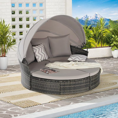 5 Pieces Outdoor Patio Round Daybed Furniture,Wicker Conversation Set With Retractable Canopy, Soft Cushions, And Storable Table For Leisure In Porch Backyard