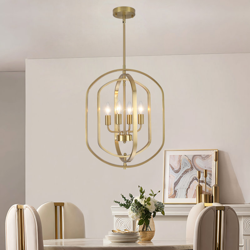 4 - Light 16 Inch Modern Dimmable Geometric Chandelier Adjustable Lantern Light Fixture, Brass