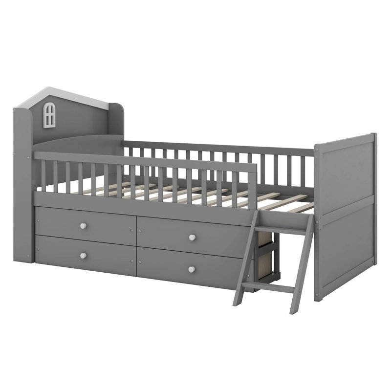 Lit simple mezzanine bas avec tête de lit en forme de maison, lit plateforme en bois avec tiroirs de rangement, gris