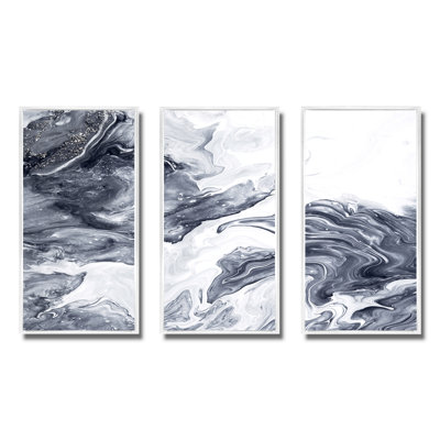 «Black and White Silver Creative Abstract», ensemble de 3 peintures encadrées sur toile flottante