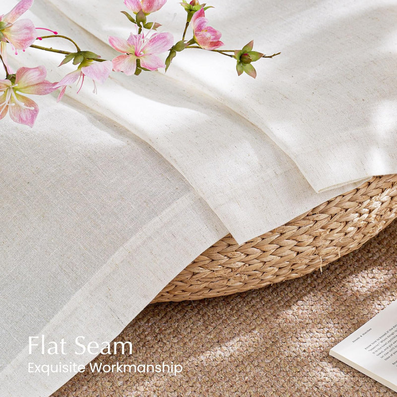  Semi Sheer Linen Curtains, Rod Pocket & Back Tab Thick Flax Blend Privacy with Light Filtering Window Treatments for Bedroom/Living Room, 2 Panels