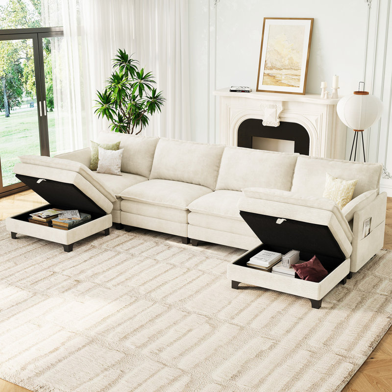 140” Comfy Cloud Couch U Shaped Sectional Sofa with Two Ottomans, Beige Chenille