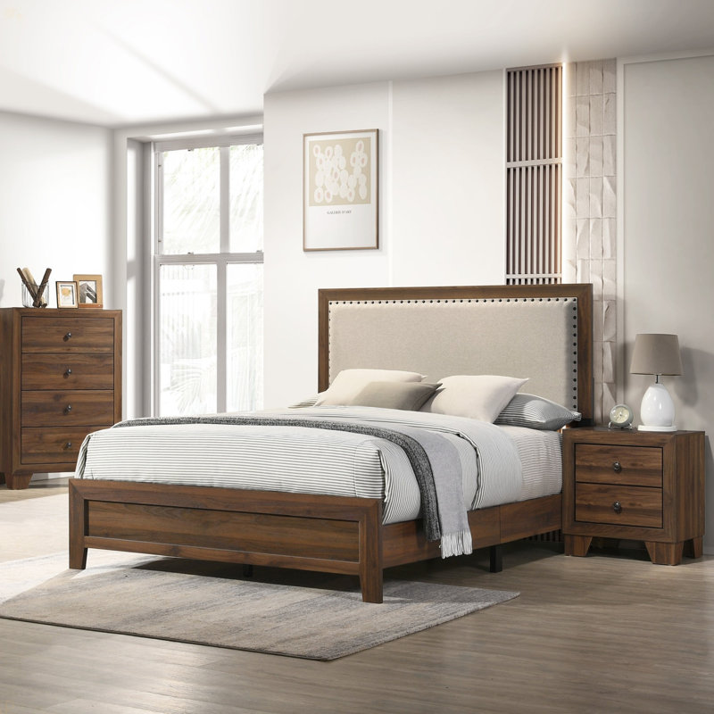 Mobilier de chambre à coucher en bois avec tête de lit capitonnée, Grand lit