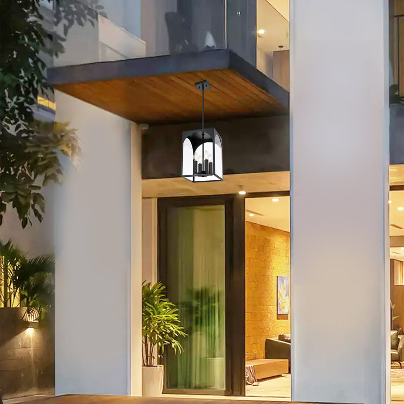 Large Outdoor Indoor Pendant Light 4-Light, Classic Black Finish Metal Chandelier Outside Hanging Fixture Ceiling Mount With Clear Glass Shade For Front Porch Entrance Foyer