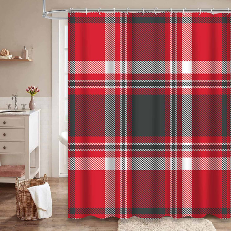 Rideau de douche rouge à motif écossais blanc et rouge avec 12 crochets, L 72 po x l 78 po