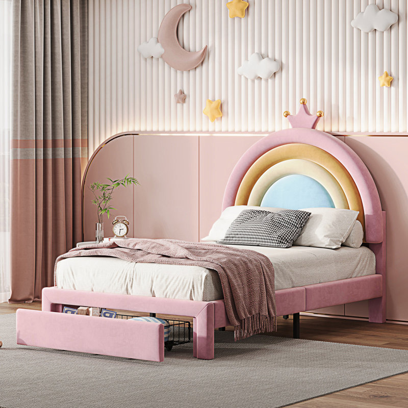 Lit simple tapissier arc-en-ciel, lit plateforme Princess avec tiroir de rangement