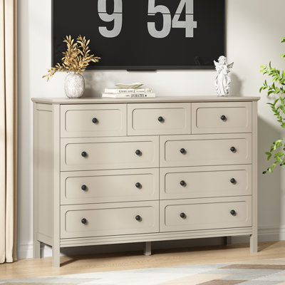 Commode 9 tiroirs, commode moderne de 55,1 po de largeur avec poignée en métal, meuble télé en bois, organisateur de tiroir en bois pour chambre à coucher, salon, couloir