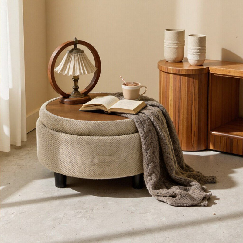 Repose-pieds de 25 po avec repose-pieds chameau - table basse ronde avec compartiment caché, plateau en bois, pouf en tissu pour le salon et la chambre à coucher