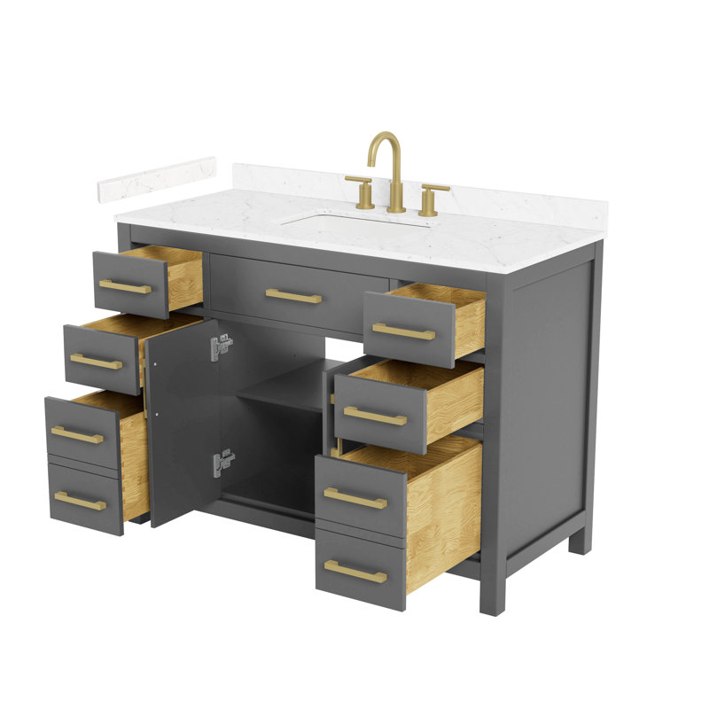 Meuble-lavabo simple de 48 po Beckett en gris foncé, comptoir en marbre de culture de Carrare, lavabo carré encastré (3 trous), garniture or brossé