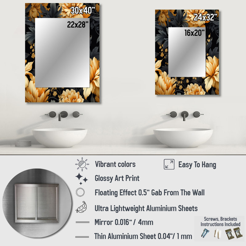 Ardane Yellow Hydrangea Flower  Damask Dream - damask  Unique Wall Mirror, Boho Mirror, Printed Metal Art, 40" x 30"