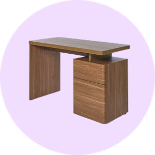 Modern walnut office desk with drawers on lilac background