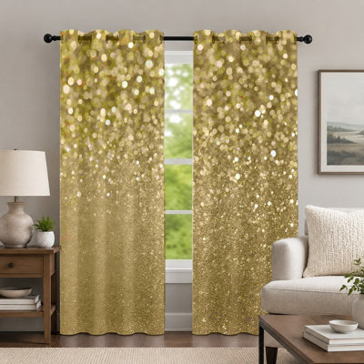 2Pcs rideaux à effet scintillant doré, rideaux à motif bokeh étincelant, panneaux à œillets à imprimé paillettes métalliques glamour festif, habillage de fenêtre pour le décor de la chambre à coucher